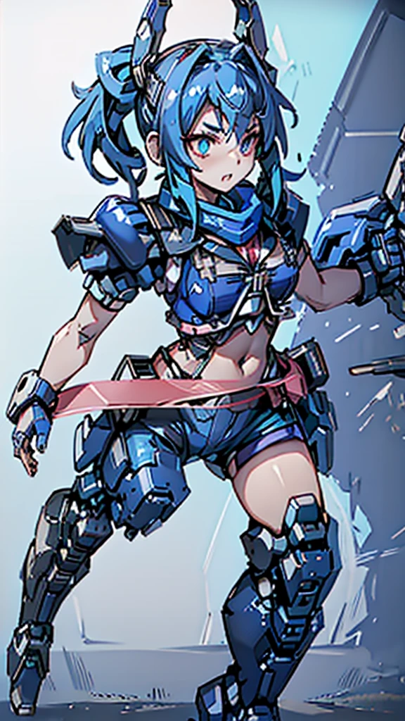 Beautiful girls、Incredible quality 4k vtuber、Red eyeultiple colors、Blue hair and black hair、Graphical studio for PC with microphone and LED lights、Cyberpunk Gamer 、android、Blue clothes、Two-line clothing、Short sleeve、Shorts、Scarf、Combat uniform、Knee-high、Headdress、Short pigtails、Stars in my eyes、Star motif、front、Standing posture、His face is split open, revealing the machine.Serviced、Pointing towards tomorrow