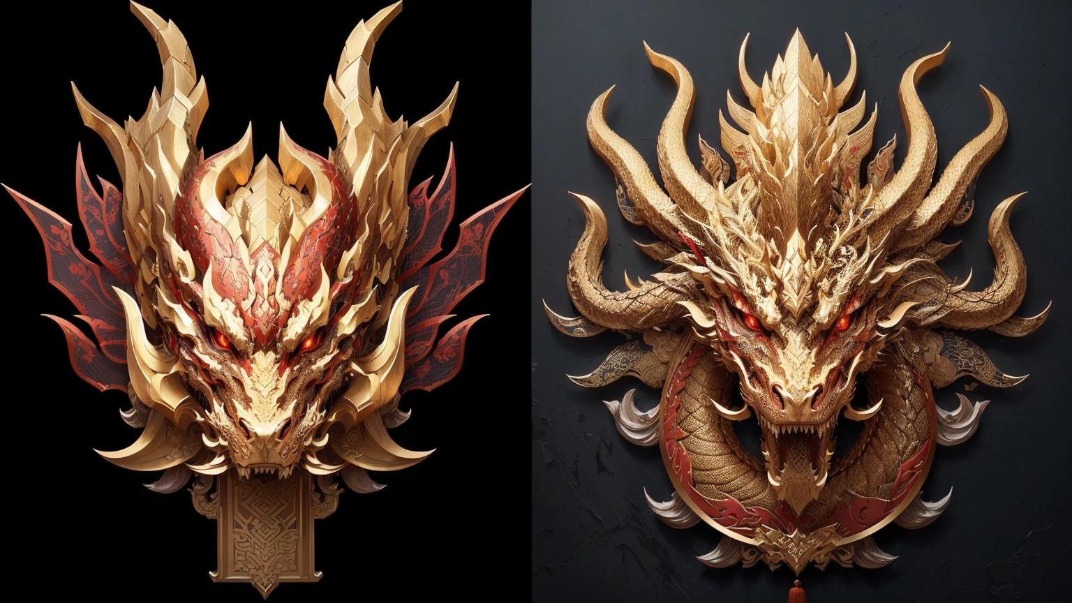 There are two dragon head patterns on the wall, Chinese dragon concept art, 8k high quality detailed art, Complex and gorgeous anime CGI style, High Detail Art, Inspired by Li Kan, Highly detailed cgsociety, Eye-catching and detailed art style, Highly detailed digital art, Highly detailed digital art, Rich in details、lifelike, Highly detailed digital art, As seen on artstation