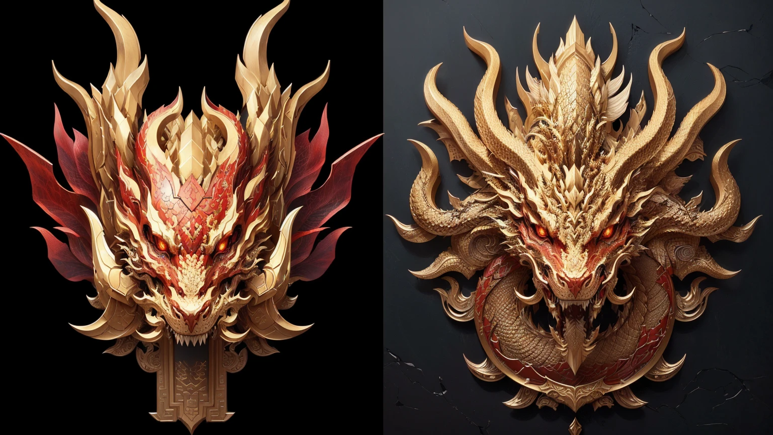 There are two dragon head patterns on the wall, Chinese dragon concept art, 8k high quality detailed art, Complex and gorgeous anime CGI style, High Detail Art, Inspired by Li Kan, Highly detailed cgsociety, Eye-catching and detailed art style, Highly detailed digital art, Highly detailed digital art, Rich in details、lifelike, Highly detailed digital art, As seen on artstation