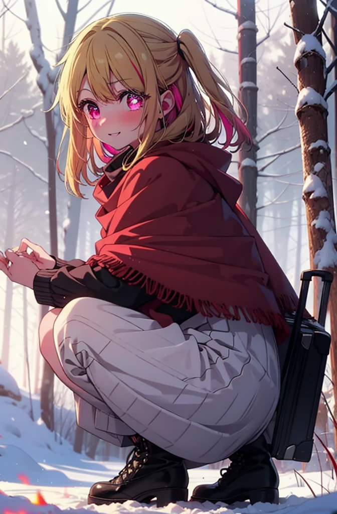rubyhoshino, Hoshino Ruby, Long Hair, bangs, Blonde, (Pink Eyes:1.3), Side Lock, (Symbol-shaped pupil:1.5), Multicolored Hair, Two-tone hair, smile,,smile,blush,White Breath,
Open your mouth,snow,Ground bonfire, Outdoor, boots, snowing, From the side, wood, suitcase, Cape, Blurred, , forest, White handbag, nature,  Squat, Mouth closed, Cape, winter, Written boundary depth, Black shoes, red Cape break looking at viewer, Upper Body, whole body, break Outdoor, forest, nature, break (masterpiece:1.2), Highest quality, High resolution, unity 8k wallpaper, (shape:0.8), (Beautiful and beautiful eyes:1.6), Highly detailed face, Perfect lighting, Highly detailed CG, (Perfect hands, Perfect Anatomy),