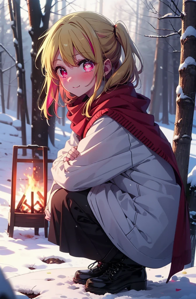 rubyhoshino, Hoshino Ruby, Long Hair, bangs, Blonde, (Pink Eyes:1.3), Side Lock, (Symbol-shaped pupil:1.5), Multicolored Hair, Two-tone hair, smile,,smile,blush,White Breath,
Open your mouth,snow,Ground bonfire, Outdoor, boots, snowing, From the side, wood, suitcase, Cape, Blurred, , forest, White handbag, nature, Squat, Mouth closed, Cape, winter, Written boundary depth, Black shoes, red Cape break looking at viewer, Upper Body, whole body, break Outdoor, forest, nature, break (masterpiece:1.2), Highest quality, High resolution, unity 8k wallpaper, (shape:0.8), (Beautiful and beautiful eyes:1.6), Highly detailed face, Perfect lighting, Highly detailed CG, (Perfect hands, Perfect Anatomy),