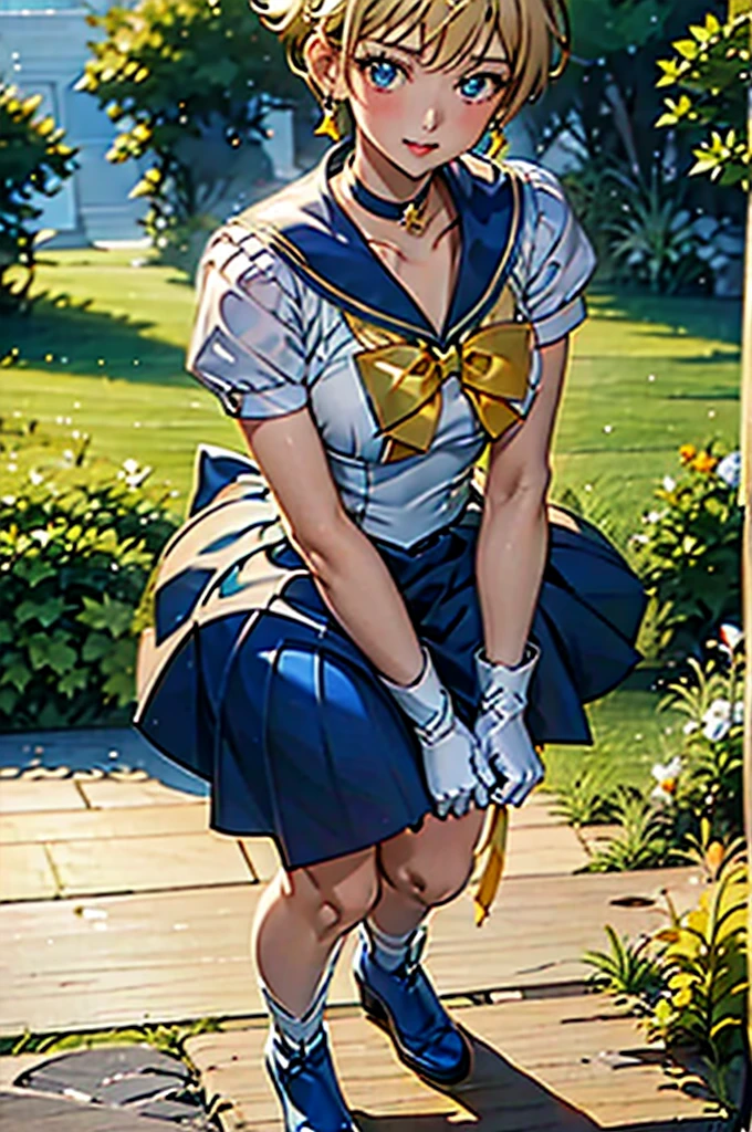 Sailor Uranus,One girl,Blonde,blue choker,Blue footwear,blue Sailor collar,blue skirt,boots,choker,Circlet,Earrings,gloves,jewelry,Magical girl,plant,Sailor collar,Sailor Mercury,Sailor Warrior Uniforms,Sailor Uranus,short hair,skirt,alone,star choker,tiara,very short hair,white gloves,Yellow ribbon