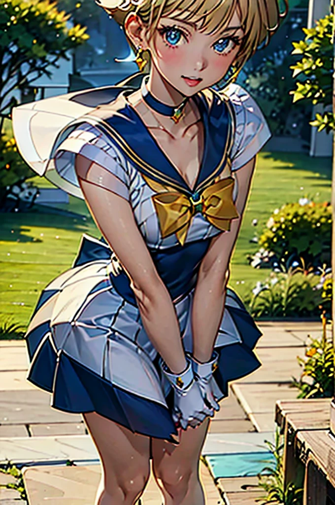 Sailor Uranus,One girl,Blonde,blue choker,Blue footwear,blue Sailor collar,blue skirt,boots,choker,Circlet,Earrings,gloves,jewelry,Magical girl,plant,Sailor collar,Sailor Mercury,Sailor Warrior Uniforms,Sailor Uranus,short hair,skirt,alone,star choker,tiara,very short hair,white gloves,Yellow ribbon