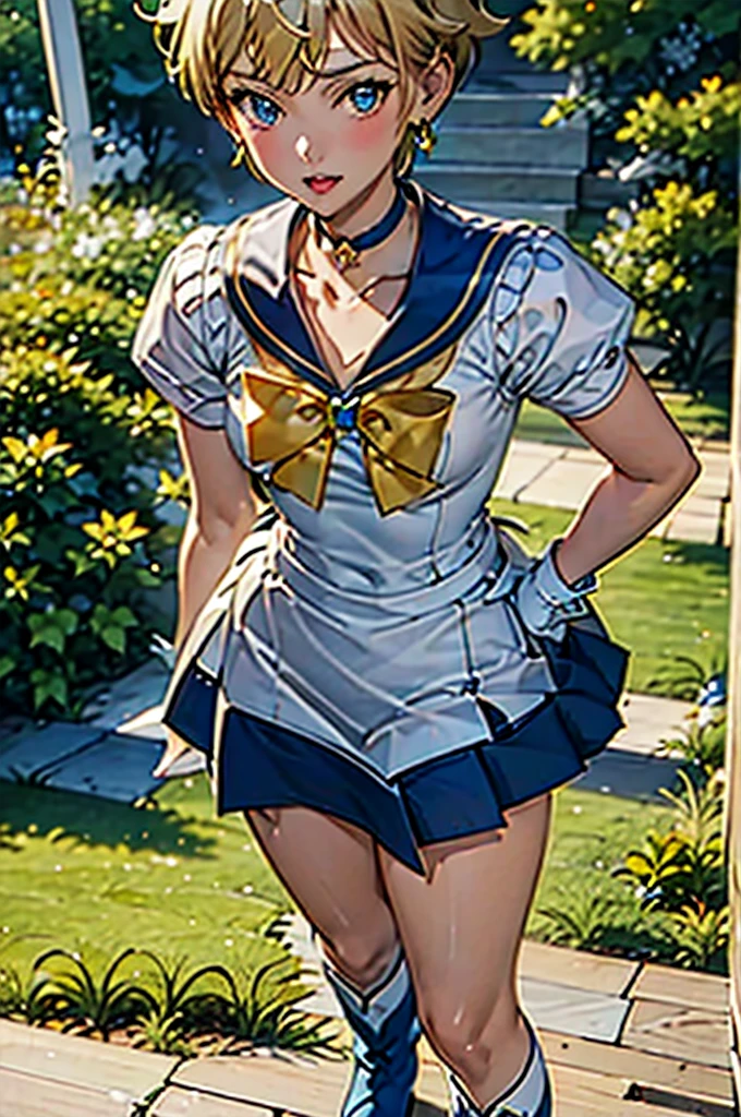 Sailor Uranus,One girl,Blonde,blue choker,Blue footwear,blue Sailor collar,blue skirt,boots,choker,Circlet,Earrings,gloves,jewelry,Magical girl,plant,Sailor collar,Sailor Mercury,Sailor Warrior Uniforms,Sailor Uranus,short hair,skirt,alone,star choker,tiara,very short hair,white gloves,Yellow ribbon