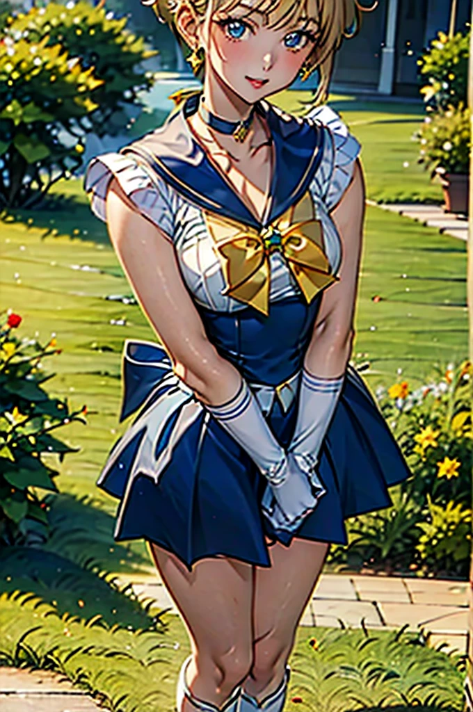 Sailor Uranus,One girl,Blonde,blue choker,Blue footwear,blue Sailor collar,blue skirt,boots,choker,Circlet,Earrings,gloves,jewelry,Magical girl,plant,Sailor collar,Sailor Mercury,Sailor Warrior Uniforms,Sailor Uranus,short hair,skirt,alone,star choker,tiara,very short hair,white gloves,Yellow ribbon