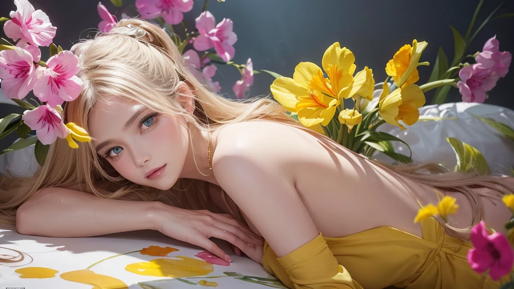 32k, Masterpiece, Highest quality, One girl, Detailed eyes, flower,gladiolus, Yellow and pink style,A dreamy, romantic piece,Pale yellow, Mysterious Leaves,A playful arrangement,Fantasy,High Contrast,Ink strokes,explosion,Exposure, Impression of yellow and white tones,Abstract,((Watercolours by John Berkey and Jeremy Mann )) Brush strokes,Negative Space, Tyndall effect,