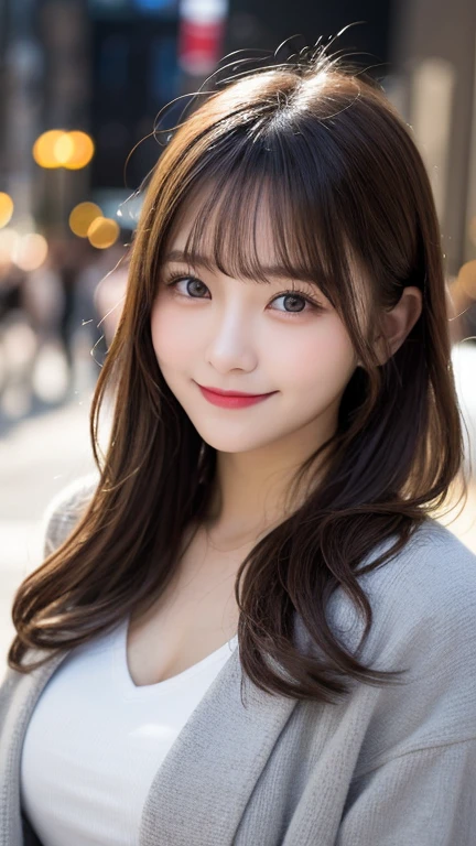 Tabletop, Highest quality, shape, Very detailed, finely, High resolution, 8k wallpaper, 完璧なダイナミックな構shape, Beautiful and detailed, Tokyo Trends夏ファッション,Tokyo Trends&Random cute hairstyles, Large Breasts, Natural color lip, Random sexy poses,Cute Smile,Metropolis、20-year-old girl、Beautiful and dense face、Perfect and beautiful face,Big eyes、Wear a fluffy black outerwear、Beautiful and dense face、Perfect and beautiful double eyelids、Blur the background、Perfect and beautiful face、Feminine poses、Blur the background