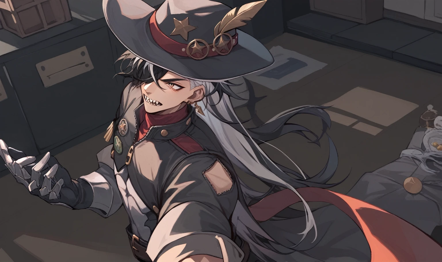Fraction_9,Fraction_8_Direction_7_up,Boot Hill_\(Collapse:_Star_rail\),male_Key Points,1 boy,Black_hair,White_hair,hair_Exceed_one_Eye,long_hair,two-tone_hair,sharp_teeth,color_hair,Black_have,earrings,ear_punching,have_feather,_badge,Brown_belt,