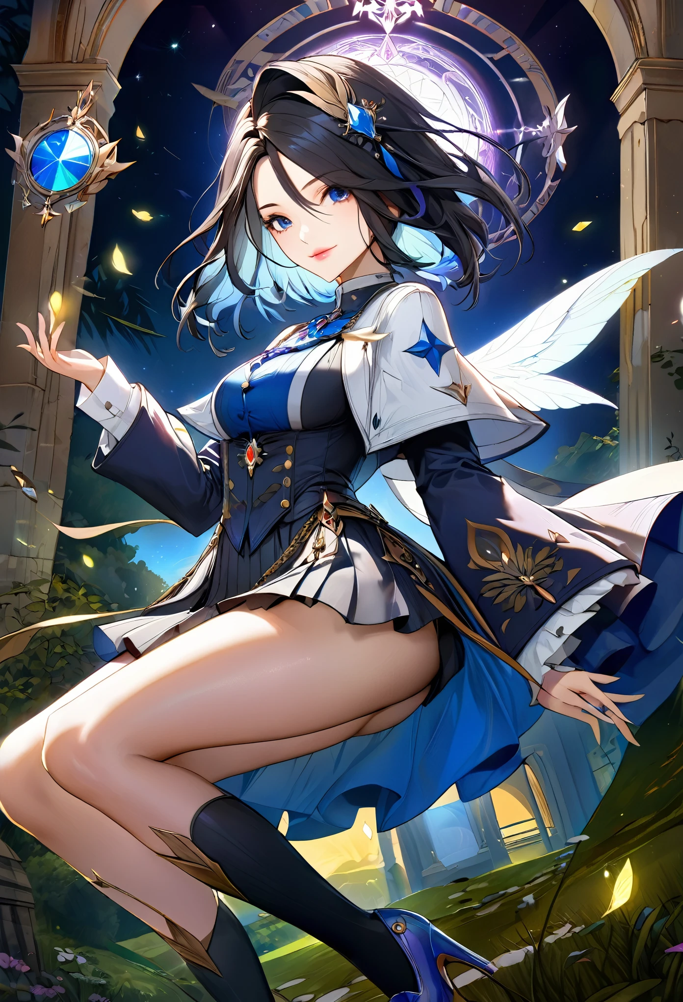 8K resolution, masterpiece, Highest quality, Award-winning works, unrealistic, sole sexy lady, Genshin Impact_clorinde, healthy shaped body, 18 years old, 158cm tall, huge firm bouncing busts,, black short hair, Break, Mysterious blue eyes, Standard nose, Eyeliner, pink lips, sexy long legs, Clear skin, Genshin Impact_clorinde's costume, royal coat of arms, elegant, Very detailed, Digital Painting, artステーション, コンセプトart, Smooth, Sharp focus, shape, artジャム、Greg Rutkowski、Alphonse Mucha、William Adolphe Bouguereau、art:Stephanie Law , Royal Jewel, nature, Symmetric, Greg Rutkowski, Charlie Bowwater, beep, Unreal 5, Surreal, Dynamic Lighting, ファンタジーart, Complex colors, Colorful magic circle, flash, dynamic sexy poses, A kind smile, Mysterious Background, Aura, A gentle gaze, BREAK, Small faint lights and flying fireflies, night, lanthanum,