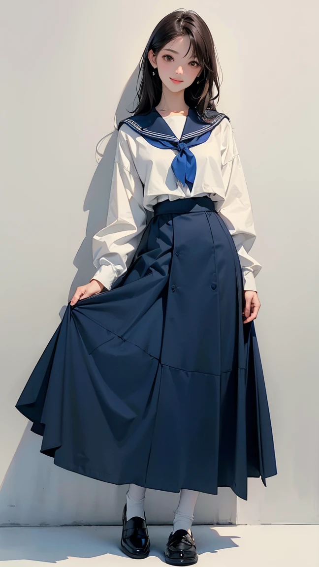(1 Girl、alone、whole body、natural standing posture)、(Standing casually)、(whole body:1.4)、(whole bodyショーケース)、(whole bodyを見せる)、((Character Concept Art))、(Portraiture:1.2)、(Detailed facial depiction、A kind smile)、Short dark brown hair、White Sailor Suit、Navy blue sailor color、uniform、Long skirt、Pleated skirt、shoes、loafers、(Vintage、Classic)、((背sceneなし))、((白色の背scene))、背sceneをぼかす、(No logo)、((Watercolor of singer Sargent))、Impressionist style painting、(Highest quality、masterpiece)、scene)), ((無地の背scene)), (((空の背scene)))