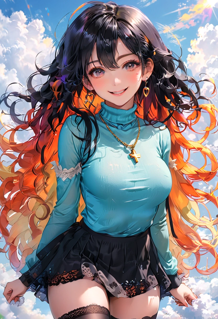 a cute anime girl, 20 years old, short black wavy long hair, bangss, rainbow hair, vibrant colors, Puffy nipple, (Black Turtleneck Knit), (Orange long skirt), Black stockings, Medium milk, cute smile face, ((Poses that emphasize the buttocks, turned around)), sexy hips, Black High Heels, Big necklace, ((((the wind blew my skirt, expose my panties...)))), (Light blue lace panties), Cute earrings, (Tilt your head slightly), watching the beautiful sunrise, anime style