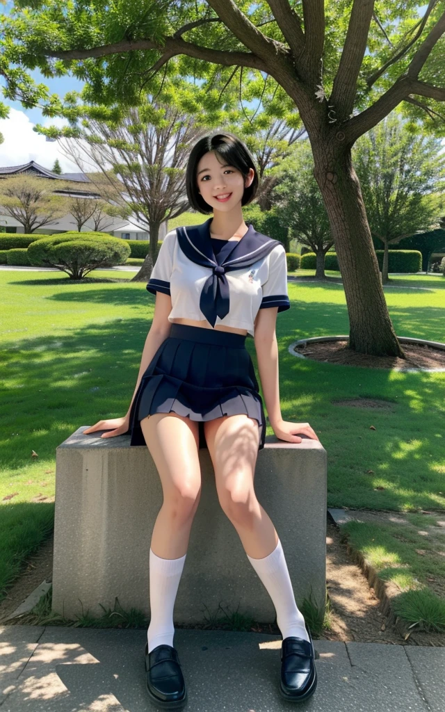 (((masterpiece))), (((Full body photo))), (Beautiful Japanese Girl, Classmate, Landscape and innocence,cute) ,Ultra-high resolution, Realistic, Ultra-detailed, 8K,Highest quality, Very detailed, Detailed Background,Slender,とてもBeautiful Japanese Girl, Detailed face:1.3), (Very Short Hair,Black-haired :1.4), (,cute系,Adorable 14 year oPerfect body:1.1), (A proper sailor uniform,Dark blue mini skirt、Dark blue high socks、loafers), Sit on the lawn in the park,Bright smile,Show me your beautiful teeth,Focus on the crotch,Panties are visible,The underwear is transparent,Rosy Cheeks,非常にDetailed face、Detailed lips、Detailed eyes、 gravure idol,Clear Skin、upon,Japanese Height ,shade,Under the big tree,Light,Lean forward