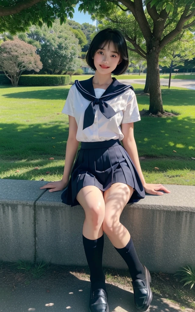 (((masterpiece))), (((Full body photo))), (Beautiful Japanese Girl, Classmate, Landscape and innocence,cute) ,Ultra-high resolution, Realistic, Ultra-detailed, 8K,Highest quality, Very detailed, Detailed Background,Slender,とてもBeautiful Japanese Girl, Detailed face:1.3), (Very Short Hair,Black-haired :1.4), (Baby Face,cute系,Adorable 14 year old girl), (Perfect body:1.1), (A proper sailor uniform,Dark blue mini skirt、Dark blue high socks、loafers), Sit on the lawn in the park,Bright smile,Show me your beautiful teeth,Focus on the crotch,Panties are visible,The underwear is transparent,Rosy Cheeks,非常にDetailed face、Detailed lips、Detailed eyes、 gravure idol,Clear Skin、upon,Japanese Height ,shade,Under the big tree,Light,Lean forward