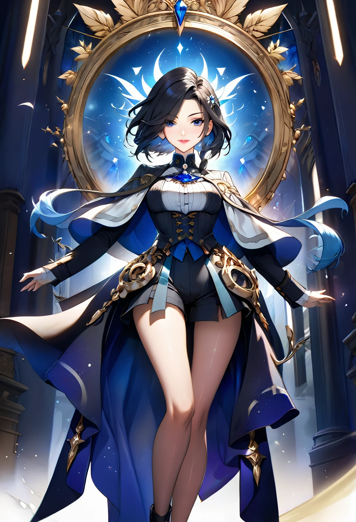 8K resolution, masterpiece, Highest quality, Award-winning works, unrealistic, sole sexy lady, Genshin Impact_clorinde, healthy shaped body, 18 years old, 158cm tall, huge firm bouncing busts,, black short hair, Break, Mysterious blue eyes, Standard nose, Eyeliner, pink lips, sexy long legs, Clear skin, Genshin Impact_clorinde's costume, royal coat of arms, elegant, Very detailed, Digital Painting, artステーション, コンセプトart, Smooth, Sharp focus, shape, artジャム、Greg Rutkowski、Alphonse Mucha、William Adolphe Bouguereau、art：Stephanie Law , Royal Jewel, nature, Symmetric, Greg Rutkowski, Charlie Bowwater, beep, Unreal 5, Surreal, Dynamic Lighting, ファンタジーart, Complex colors, Colorful magic circle, flash, dynamic sexy poses, A kind smile, Mysterious Background, Aura, A gentle gaze, BREAK, Small faint lights and flying fireflies, night, lanthanum,