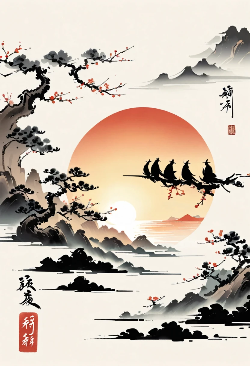 Bada Shanren style,Chinese Ink Painting,Simple style,is capitalized,Very simple pictures,sunrise,People from far away,