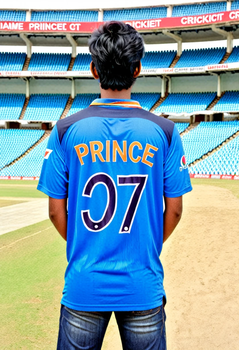 20 year boy,holds a cricket bat,worn a Indian cricket team tshirt with name ' PRINCE '
,jersey number 07 , back view,black hair,in stadium