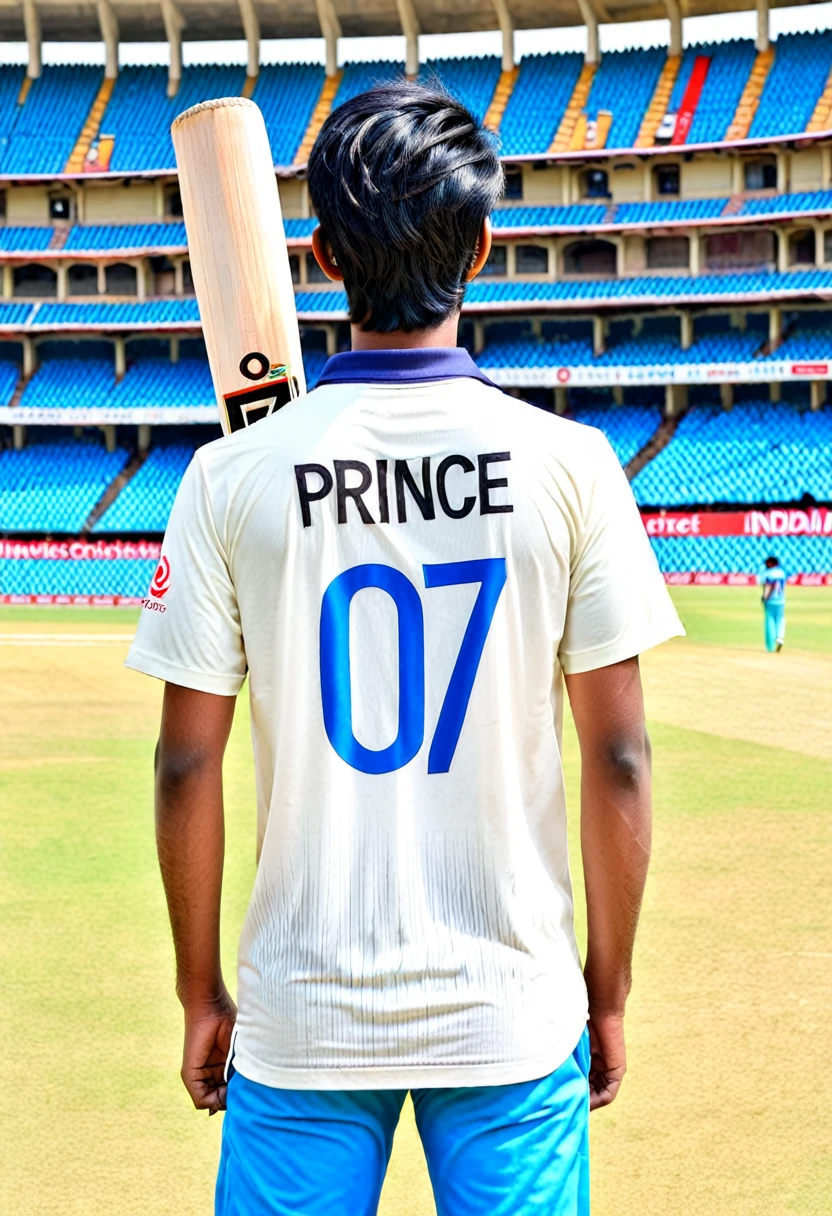 20 year boy,holds a cricket bat,worn a Indian cricket team tshirt with name ' PRINCE '
,jersey number 07 , back view,black hair,in stadium