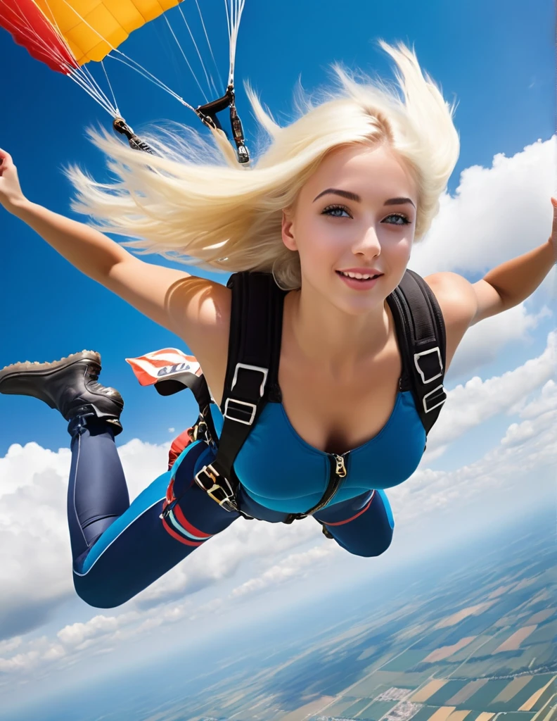 very attractive 25 year old girl with long platinum blonde hair, skydiving, floating through the fair hanging from a parachute, very realistic .