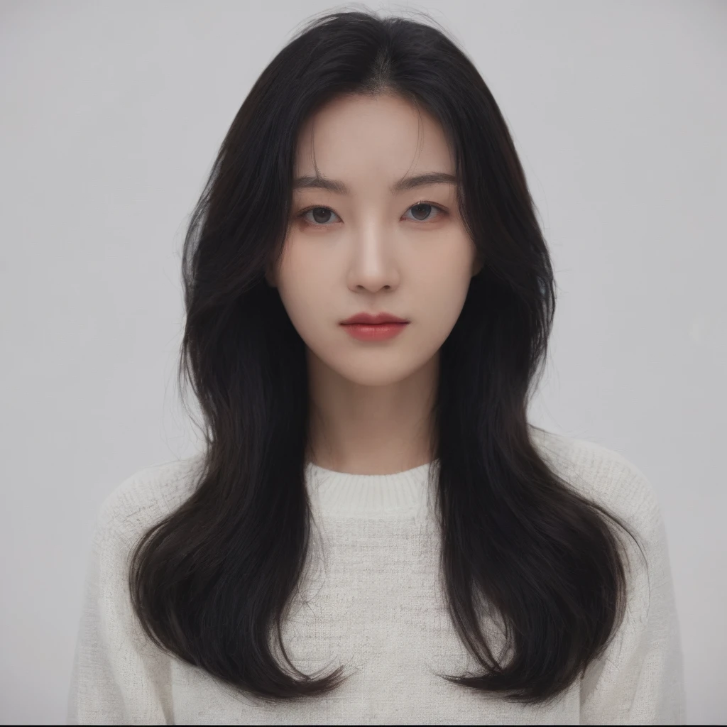 Best Quality, 8k, Masterpiece, (Portrait: 1.3), (photo realistic:1.4), (hyper realistic:1.4), Sharp Focus, looking at viewer, (smoother lighting:1.1), (increase cinematic lighting quality:0.9), realistic lighting, backlighting, light on face, ray trace, (brightening light:1.2), (Increase quality:1.4), sharp detail, (best quality real texture skin:1.4), finely detailed eyes, black_eyes, finely detailed face, 25 year old Korean woman, (white t-shirt:1.4), (Create an image maintaining the original base model hairstyle:1.5)