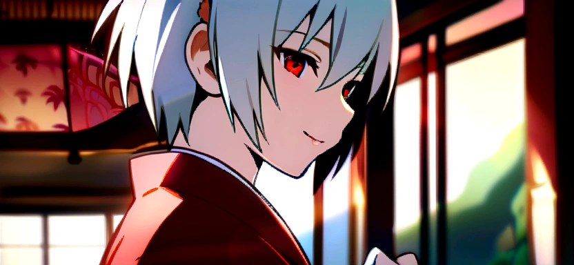 masterpiece, best quality, kaworu nagisa, cute, hot, elegant, seductive, red eyes, 1boy, ancient japan background, boy wearing female kimono, red decorative kimono, hair accessories, holding fan, smiling sweetly
