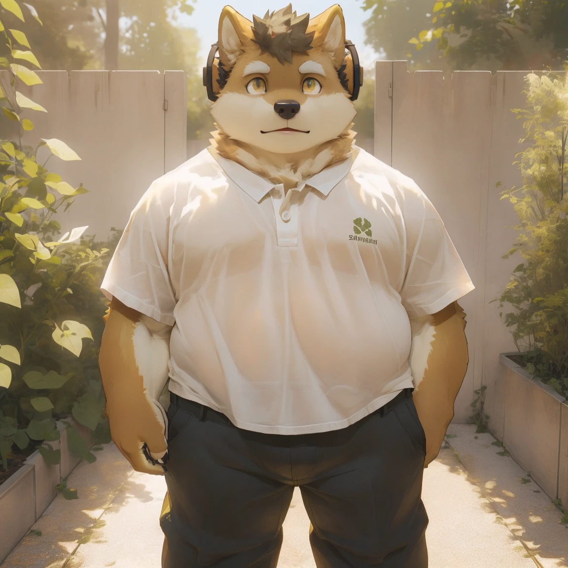 masterpiece, best quality, 8k resolution, Very detailed, hairy,Shiba Inu,(Black hair),(((golden fur))),(((Golden Eyes))),Chubby,Chubby face,(((White shirt))),(((Loose shirt))),((Black pants)),Highest quality scene,(((Solitary))),(((solitary))),((Wearing headphones)),((garden)),(((Sunlight))),(((Standing))),(((Round face))),(((whole body))),(((Medium shot)))