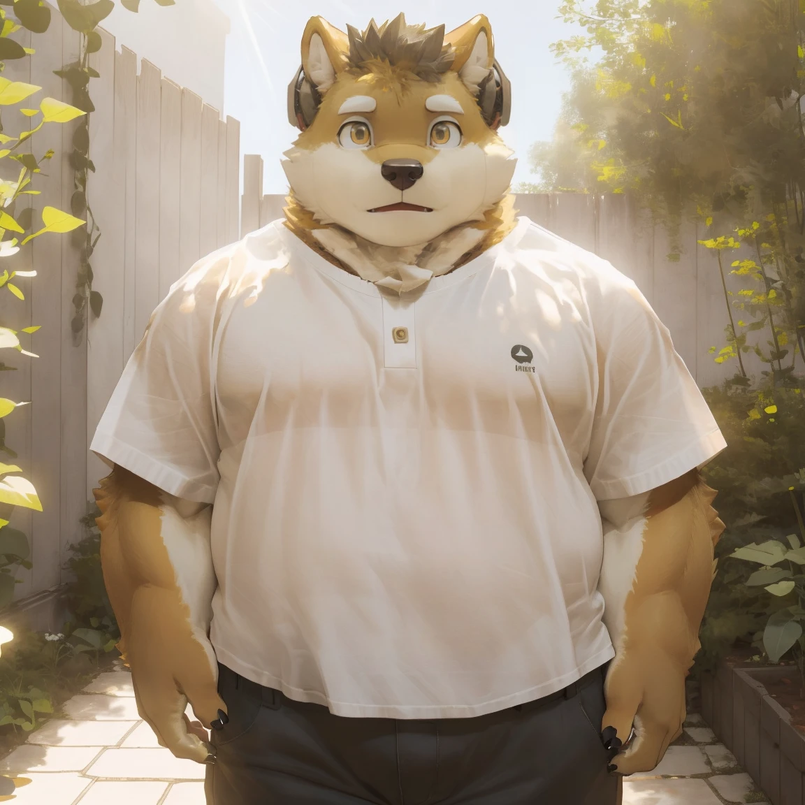 masterpiece, best quality, 8k resolution, Very detailed, hairy,Shiba Inu,(Black hair),(((golden fur))),(((Golden Eyes))),Chubby,Chubby face,(((White shirt))),(((Loose shirt))),((Black pants)),Highest quality scene,(((Solitary))),(((solitary))),((Wearing headphones)),((garden)),(((Sunlight))),(((Standing))),(((Round face))),(((whole body))),(((Medium shot)))