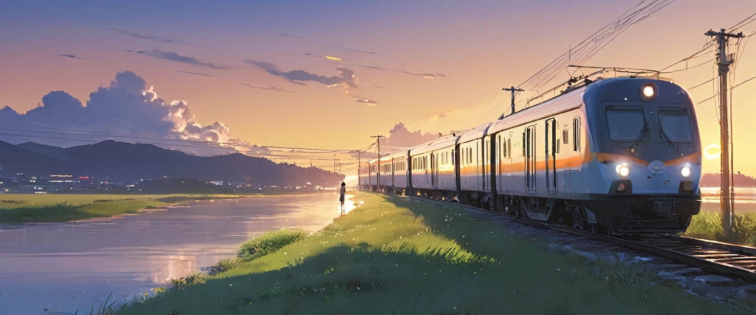 A high quality masterpiece, sight, cloud, Train passing through a body of water on railway tracks in the distance, Bright starry sky. traveller, romantic lighting, pixiv, concept art, lofi art 스타일, reflect. Makoto Shinkai, lofi art, beautiful animated scenes, 애니메이션 sight, 세부 sight — 너비 672, Makoto Shinkai's style, Makoto Shinkai's style, Enhanced Details.  A dystopian world without lubricant, where buildings have collapsed,