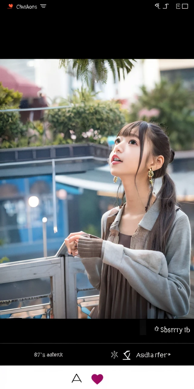 (4K, Best Quality, Highres:1.1), (Realistic, Photo-Realistic:1), Flat-chested Asuka, (cute:1.8), cuties, solo, (Flat-chested:1.2), Detailed Eyes, Brown Eyes, Innocent Eyes, Blush, Casual Clothes, Masterpieces, Beautiful Lights, Movie Lights, Movie Particles, Jewelry, Heart-shaped Earrings, Bangs, Cherry Lips, Looking at the Audience, Upper body, lips apart, ponytail, side ponytail, both sides facing up, depth of field, background blur, eye focus, bokeh, 85mm lens, f/1.4, professional lighting, photon mapping, radiosity, physically based rendering, high detail, masterpiece,