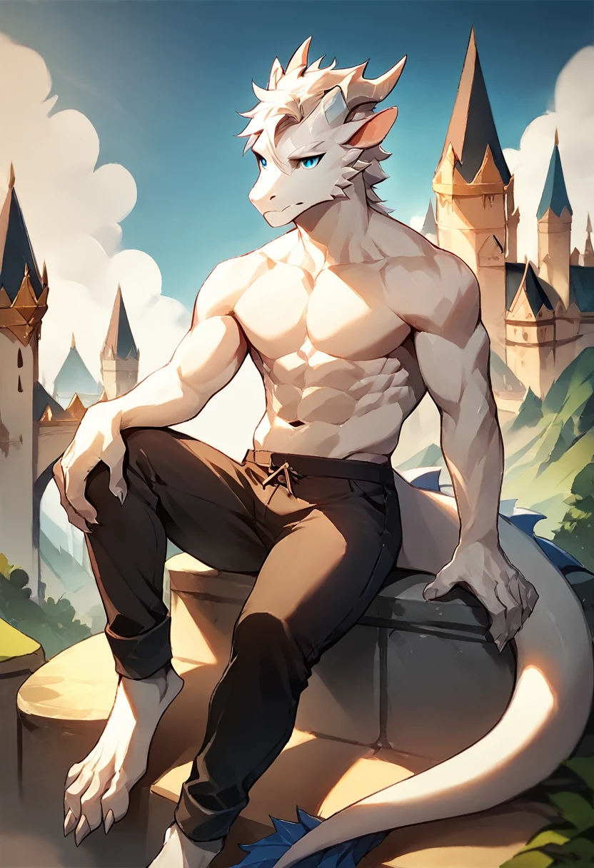 score_9, score_8_up, score_7_up, score_6_up, score_5_up, score_4_up, (solo), male anthro white dragon, solo, castle, sitting, white hair, blue eyes, medium length hairstyle, athletic, pants, paladin