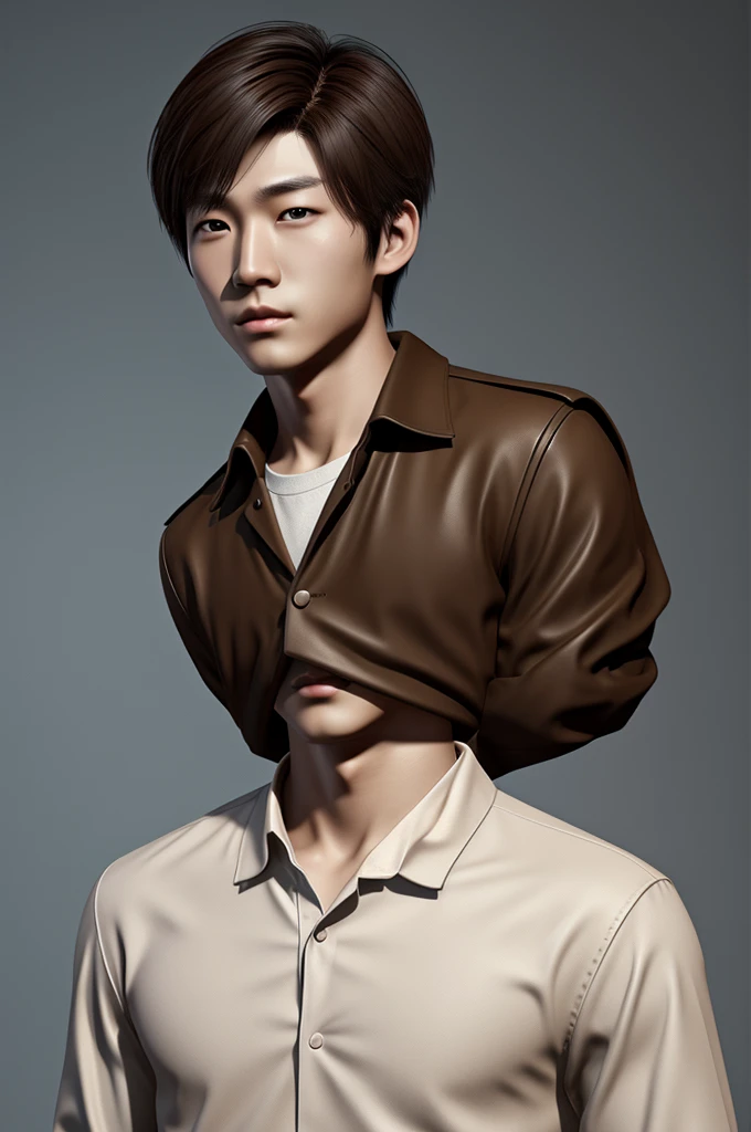 a korean boy, with short elegant straight brown hair, His skin is pale and his eyes are slanted. Has a dominant expression, has a v shaped face. Digital illustration of realistic video game character. digital art