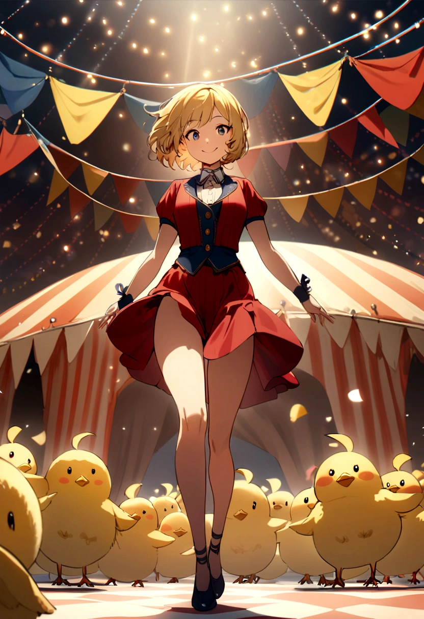 girl, whole body, short hair, Blonde Hair, small, yellow, smile,Circus, Chick, Red and navy blue outfit