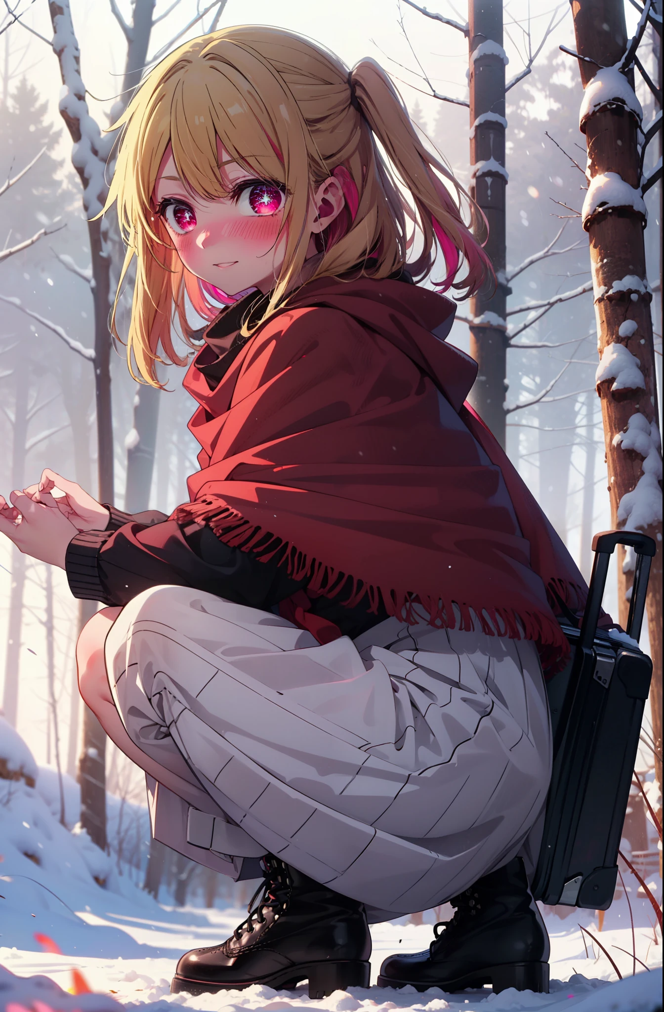 rubyhoshino, Hoshino Ruby, Long Hair, bangs, Blonde, (Pink Eyes:1.3), Side Lock, (Symbol-shaped pupil:1.5), Multicolored Hair, Two-tone hair, smile,,smile,blush,White Breath,
Open your mouth,snow,Ground bonfire, Outdoor, boots, snowing, From the side, wood, suitcase, Cape, Blurred, , forest, White handbag, nature, Squat, Mouth closed, Cape, winter, Written boundary depth, Black shoes, red Cape break looking at viewer, Upper Body, whole body, break Outdoor, forest, nature, break (masterpiece:1.2), Highest quality, High resolution, unity 8k wallpaper, (shape:0.8), (Beautiful and beautiful eyes:1.6), Highly detailed face, Perfect lighting, Highly detailed CG, (Perfect hands, Perfect Anatomy),