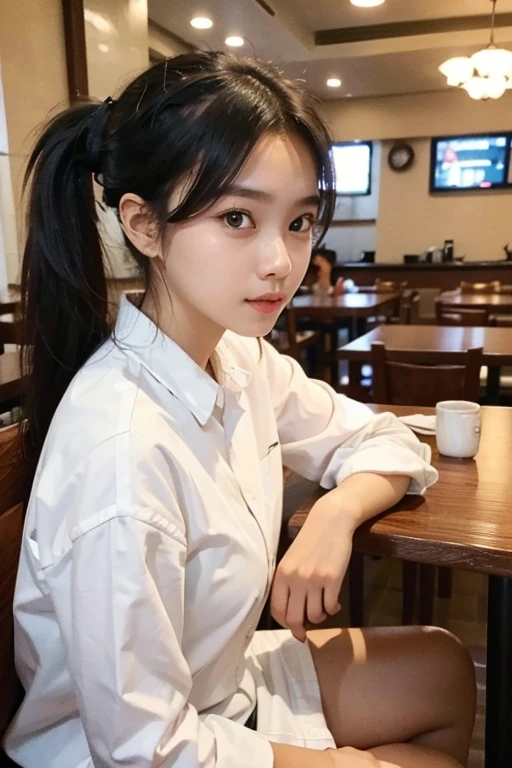 a potrait of a ponytail malay girl wearing white shirt sitting at eating table at a restaurant.. view from her front.. her eyes looking straight to camera