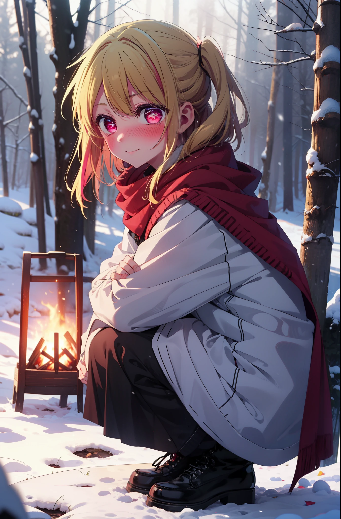 rubyhoshino, Hoshino Ruby, Long Hair, bangs, Blonde, (Pink Eyes:1.3), Side Lock, (Symbol-shaped pupil:1.5), Multicolored Hair, Two-tone hair, smile,,smile,blush,White Breath,
Open your mouth,snow,Ground bonfire, Outdoor, boots, snowing, From the side, wood, suitcase, Cape, Blurred, , forest, White handbag, nature, Squat, Mouth closed, Cape, winter, Written boundary depth, Black shoes, red Cape break looking at viewer, Upper Body, whole body, break Outdoor, forest, nature, break (masterpiece:1.2), Highest quality, High resolution, unity 8k wallpaper, (shape:0.8), (Beautiful and beautiful eyes:1.6), Highly detailed face, Perfect lighting, Highly detailed CG, (Perfect hands, Perfect Anatomy),