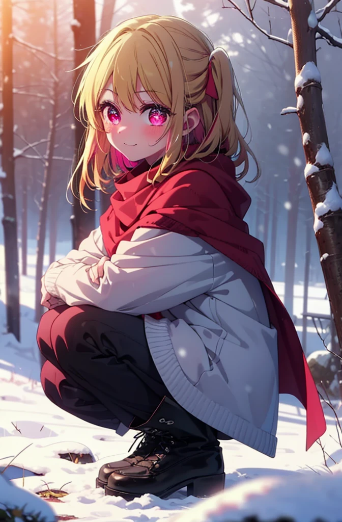 rubyhoshino, Hoshino Ruby, Long Hair, bangs, Blonde, (Pink Eyes:1.3), Side Lock, (Symbol-shaped pupil:1.5), Multicolored Hair, Two-tone hair, smile,,smile,blush,White Breath,
Open your mouth,snow,Ground bonfire, Outdoor, boots, snowing, From the side, wood, suitcase, Cape, Blurred, , forest, White handbag, nature, Squat, Mouth closed, Cape, winter, Written boundary depth, Black shoes, red Cape break looking at viewer, Upper Body, whole body, break Outdoor, forest, nature, break (masterpiece:1.2), Highest quality, High resolution, unity 8k wallpaper, (shape:0.8), (Beautiful and beautiful eyes:1.6), Highly detailed face, Perfect lighting, Highly detailed CG, (Perfect hands, Perfect Anatomy),