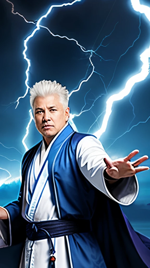White-haired middle-aged man with lightning bolts in his hands, blue Daoist robes, strong