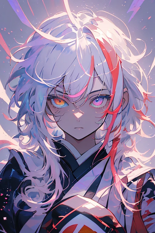 Heterochromia iridis((masterpiece, Highest quality, Super detailed, High resolution)) Hair color: purple, blue, pink, red, 8k, looking at camera, yellow eyes, white and red yukata, navy obi