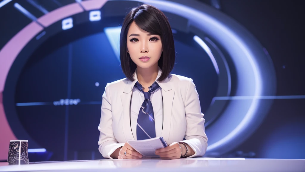News anchor, Indonesian, Black Hair, White skin, Super detailed, Ultra-realistic