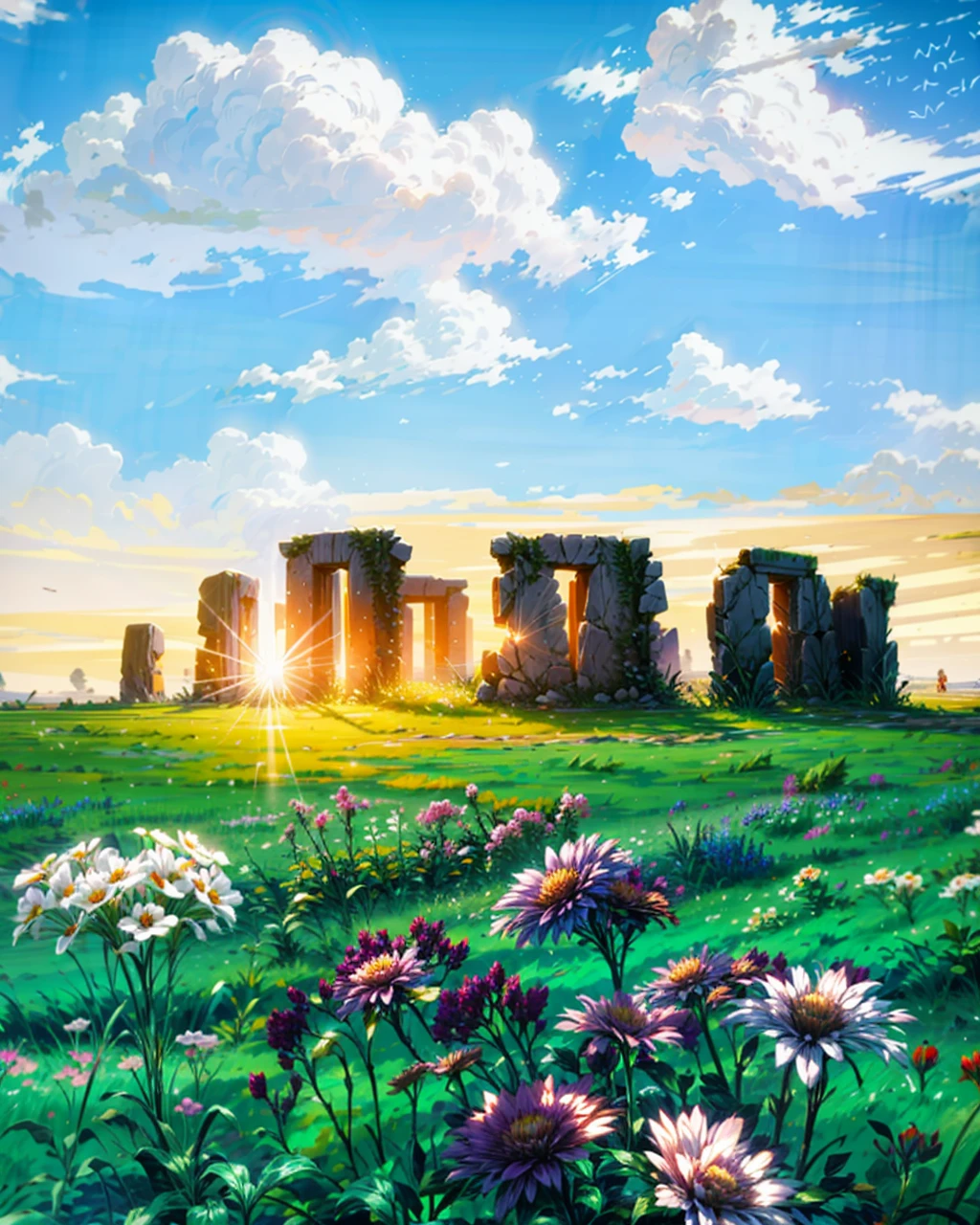 a painting of a field of flowers with the sun setting in the background, natural landscape background, beautiful landscape background, sunny day background, field of flowers background, ( thomas kincade ), ancient ruins background, landscape background, stonehenge, field of fantasy flowers, meadow background, landscape scenery, ( ( thomas kinkade ) ), fantastic background landscape, beautiful mattepainting, HD, UHD, HDR, 32 K