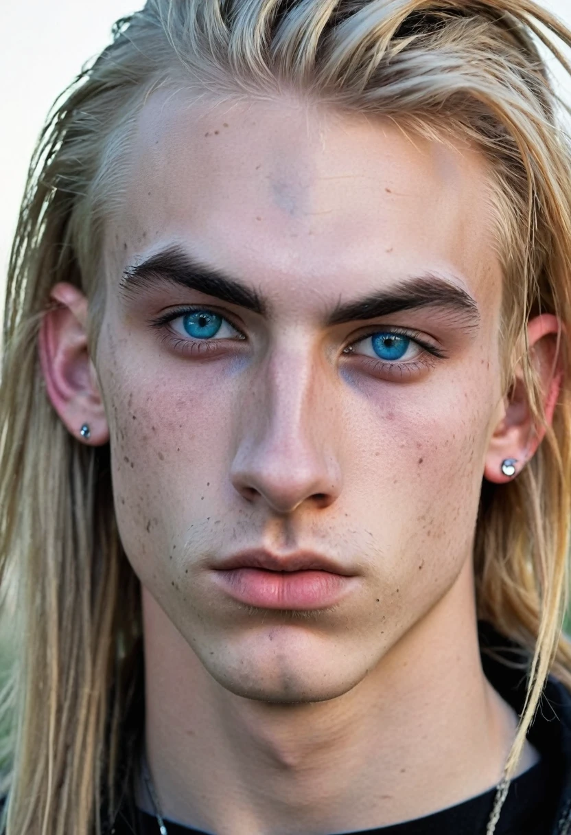 Metalhead teenager with a lot of acne, very masculine, very wide and long nose, very long blonde hair, big blue eyes, very masculine, marked cheekbones, with a nosering, with a eyebrow piercing, thick nose, kinda young