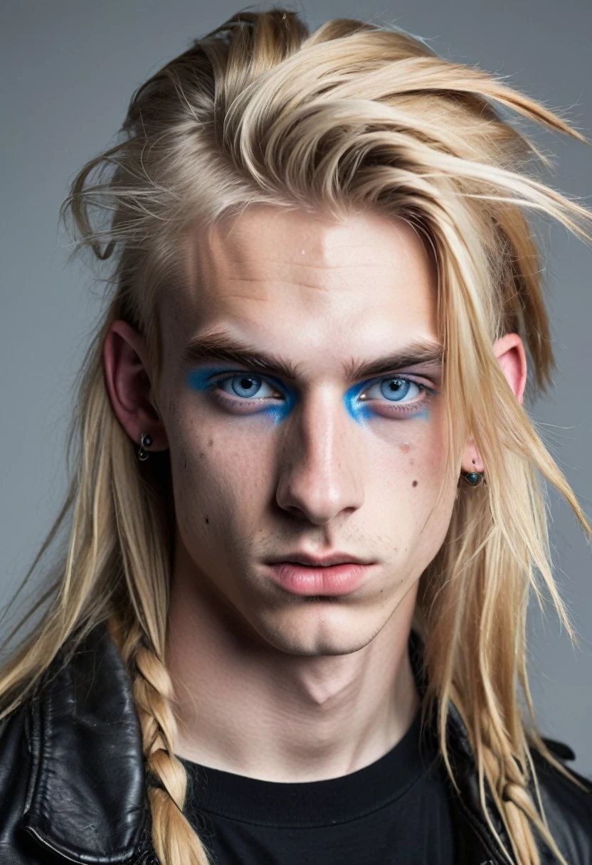 Metalhead teenager with a lot of acne, very masculine, very wide and long nose, very long blonde hair, big blue eyes, very masculine, marked cheekbones, with a nosering, with a eyebrow piercing, thick nose, kinda young