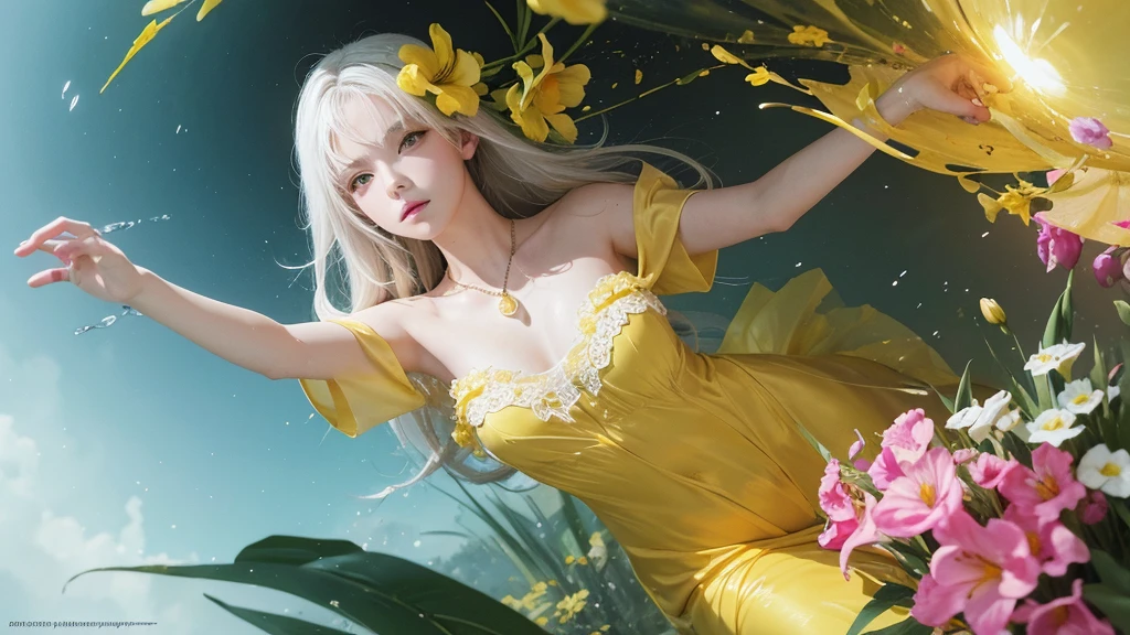 32k, Masterpiece, Highest quality, One girl, Detailed eyes, flower,gladiolus, Yellow and pink style,A dreamy, romantic piece,Pale yellow, Mysterious Leaves,A playful arrangement,Fantasy,High Contrast,Ink strokes,explosion,Exposure, Impression of yellow and white tones,Abstract,((Watercolours by John Berkey and Jeremy Mann )) Brush strokes,Negative Space, Tyndall effect,