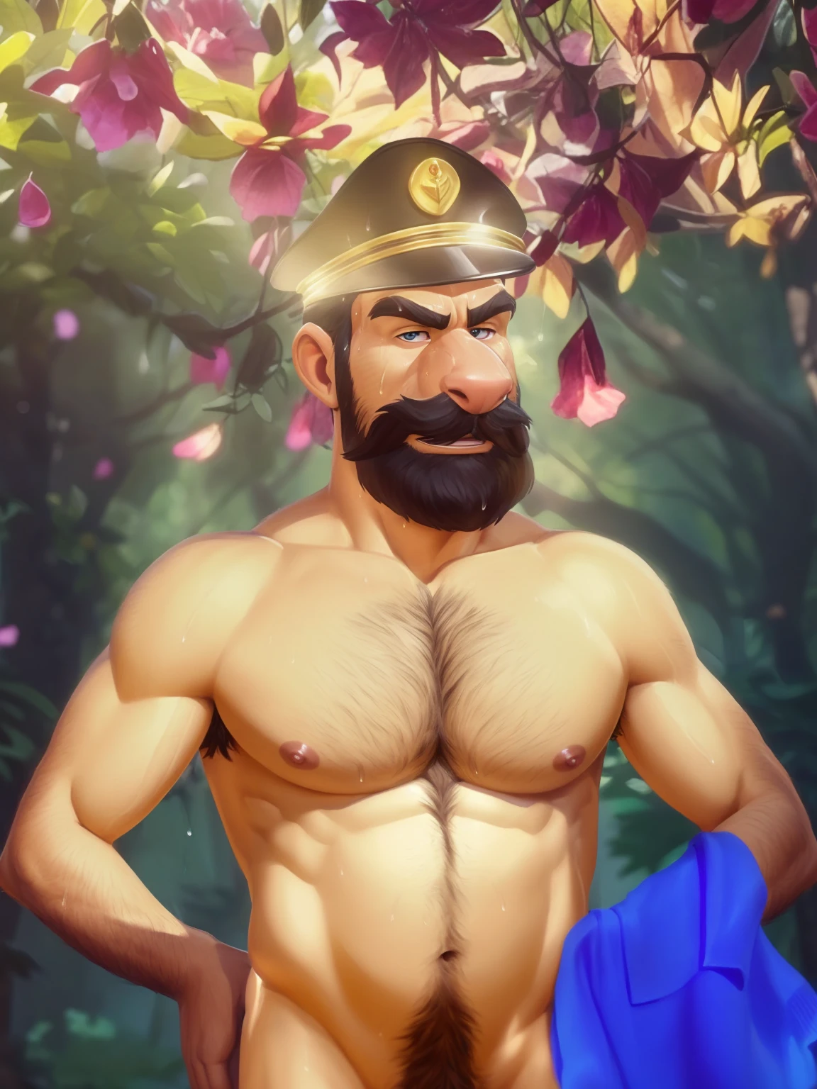 Captain haddock, (pose:Full Body Shot), (posing:Full Body Shot), (soft shading), (((4k, hi res, Ray tracing))), ((((extreme detailed sweat drops, glistening, glistening body))), (((five fingers, detailed hands))), ((detailed face, (detailed eyes:1.0), detailed)), by zackarry911, by zaush, (by personalami:0.5), looking at viewer, (((horny))), ((( wise))), 1boy, (((Highly detailed jewelry))), standing, closed mouth,(((Armpit hair, Mustache,body hair, nude, thick chest hair, beard, tuft, chest tuft, arm tuft))),(((muscular, dad bod, muscle vein))) ,male focus,black hair, (((naked, nude))), nature,, captain hat, (((extreme detailed chest hair,muscle vein))),(holding blue clothes on his left arm)