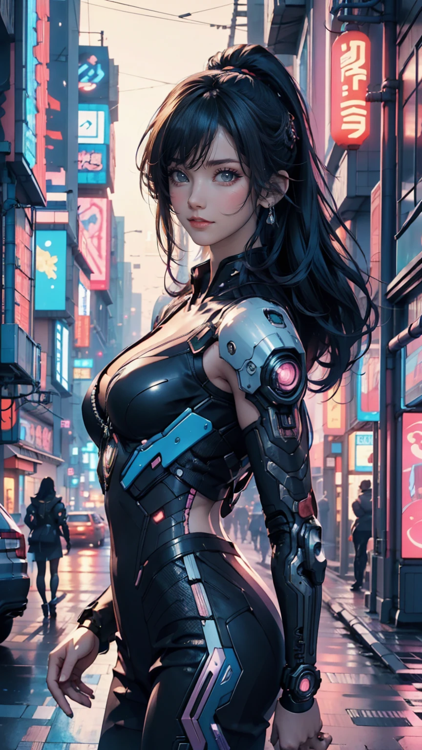 A woman stands on the side of the road, Cyberpunk art by Yang J, Trending on Art Station, realism, artwork in the style of Gwaiz, Anime Style. 8K, Gwaiz, Realistic Anime 3D Style, Trending on cgstation, 🤤 Portrait of a Girl, Hyperrealistic Cyberpunk Style, Anime Style mixed with fujifilm, Dreamy Cyberpunk Girl