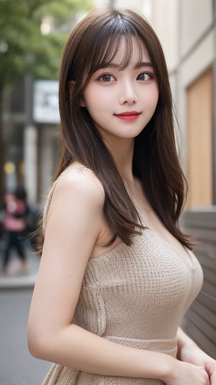 Tabletop, Highest quality, shape, Very detailed, finely, High resolution, 8k wallpaper, 完璧なダイナミックな構shape, Beautiful and detailed, Tokyo Trends春ファッション,Tokyo Trends&Random cute hairstyles, Large Breasts, Natural color lip, Random sexy poses,Cute Smile,Metropolis、20-year-old girl、Beautiful and dense face、Perfect and beautiful face,Big eyes、Beautiful and elaborate face、Perfect and beautiful double eyelids、Blur the background、Perfect and beautiful face、Feminine poses、Clothes with protruding shoulders