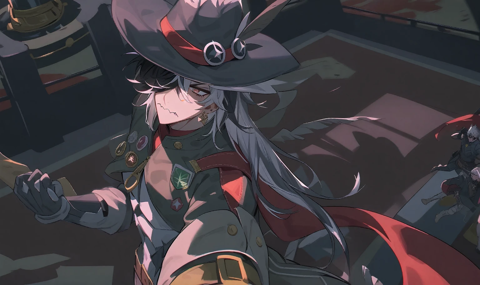 Fraction_9,Fraction_8_Direction_7_up,Boot Hill_\(Collapse:_Star_rail\),male_Key Points,1 boy,Black_hair,White_hair,hair_Exceed_one_Eye,long_hair,two-tone_hair,sharp_teeth,color_hair,Black_have,earrings,ear_punching,have_feather,_badge,Brown_belt,