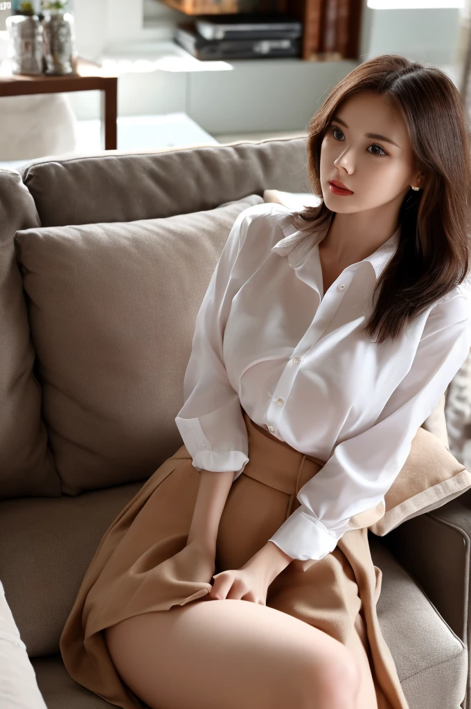 a 29 year old face of the most beautiful actress in the world, the perfect body proportions of a female, tight formal shirt is worn on female upper body, female genitalia of lower body, detailed vagina between opened legs, exposed vagina between opened labia, nothing is worn on naked crotch of a female, a hand off crotch, hands off crotch, sitting on a sofa of the living room, nsfw, best quality, highly detailed, masterpiece, ultra high res, photo realistic, 8k