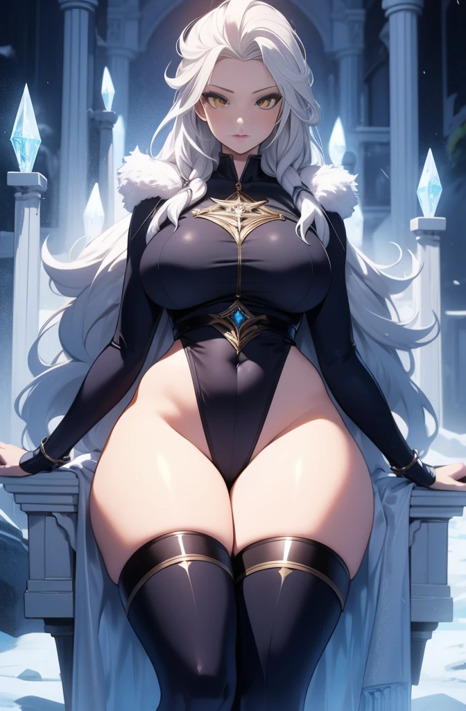 female, solo, young, sexy body, voluptuous figure, tightsuit, white hair, decolored blonde hair, ice effects around, ice queen, beautifull face, long hair, defined body, yellow and bright eyes, thick legs, strong legs, tall, Voluptuous legs, huge ass, big hip, big ass, female sorcerer, blue and black robes,