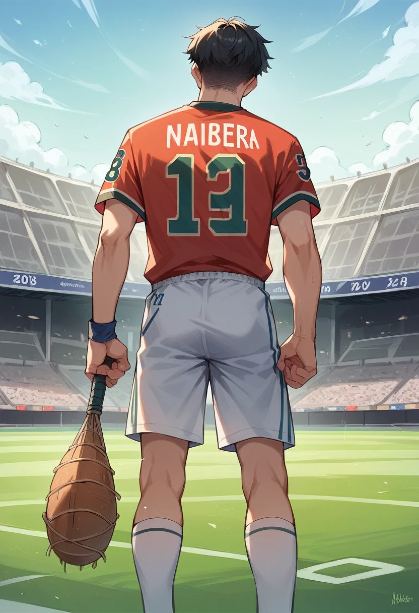 20 year boy,holds a cricket bat,worn a Indian cricket team tshirt with name ' PRINCE '
,jersey number 07 , back view,black hair,in stadium,on pitch
