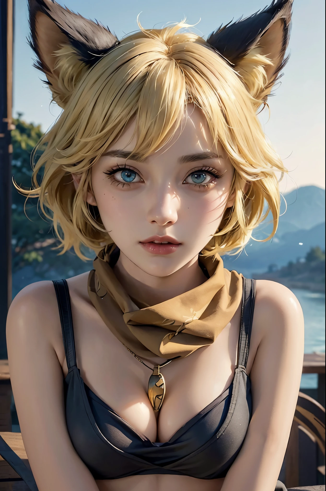 beautiful furry girl, short yellow hair with cat ears, wearing a scarf around her neck, wearing a bra, big  beautiful detailed eyes, beautiful detailed lips, extremely detailed face, long eyelashes, portrait, fantasy, realistic, photorealistic, 8k, high quality, masterpiece, vibrant colors, soft lighting